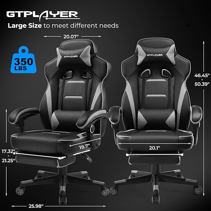 GTPLAYER Gaming Chair with Footrest Big and Tall Game Chair 350lb Racing Style Computer Chair Ergonomic Executive High Back with Lumbar Support and Recliner Sky Gray