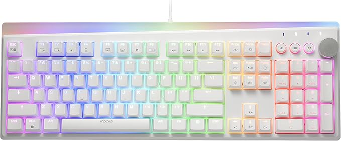 i-rocks K71M RGB Mechanical Gaming Keyboard with Media Control Knob Blue Switches 107 Keys w/Full NKRO PBT Keycaps Multimedia Hotkeys Detachable USB-C Cable and Onboard Storage White