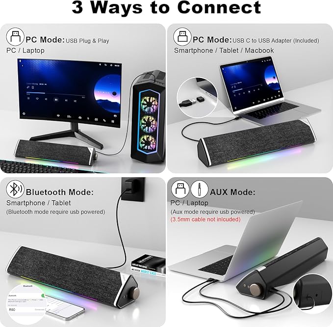 SOULION Computer Speakers USB-Powered Bluetooth PC Soundbar with Dynamic RGB LED Lights Surround Sound for Desktop Laptop Office Work Music &amp Gaming Black (USB-C to USB Adapter Included)
