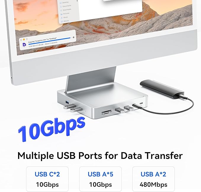AGEEN 14-Port Upgraded 10Gbps USB Hub for iMac 24 inch 2021/2023/2024 M1/M3/M4 iMac Accessories with 5 USB-A 3.2 2 USB-C 3.2 4K@60Hz HDMI Gigabit Ethernet SD/TF SSD Enclosure(SSD Not Included)