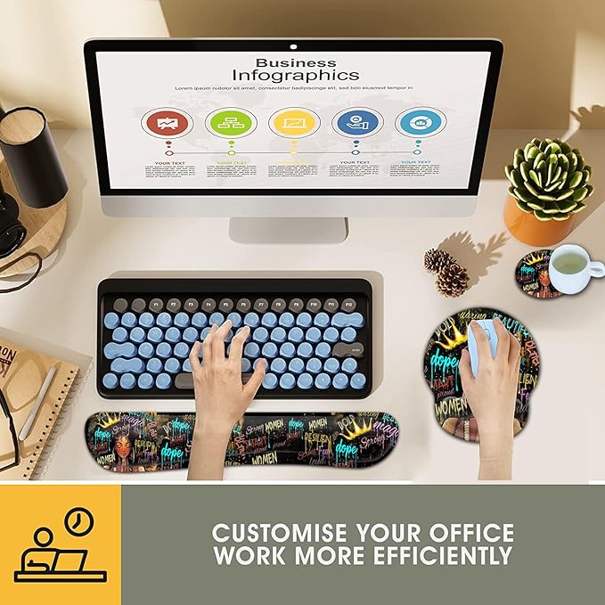 Ergonomic Gaming Mouse Pad Wrist Support and Memory Foam Keyboard Wrist Rest with Anti-Slip Base for Home Office Computer Desk Pad Gel Black Mouse Pad African American Black Women Graffiti Girl