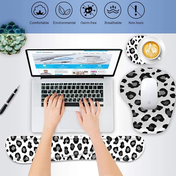 Keyboard Wrist Rest Pad Ergonomic Mouse Pad SetNon-Slip PU Base for Laptop Home Gaming OfficeMatching Elephant Pen Holder and Cup Coaster(Leopard Print) …