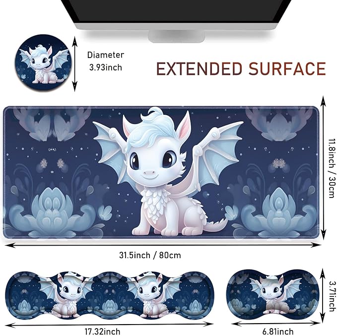 Large Gaming Table Pad 31.5 x 11.8 + Keyboard Wrist Pad + Mouse Wrist Pad + Coaster Non-Slip Base 4-in-1 Set Ergonomic Memory Foam Easy Typing Pain Relief Cute Little White Dragon