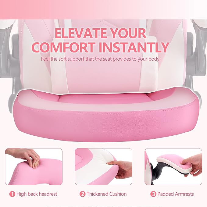 OLIXIS Computer Gaming Desk Chair - Ergonomic Video Game with Comfy Lumbar Support and headrest PU Leather with Flip-up Arms Adjustable Height and Swivel Wheels for Adults Pink