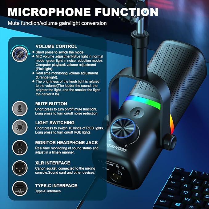 Aokeo AK-10 USB Gaming Microphone with mic arm Condenser Microphone for PC/MAC/PS4/PS5/Phone-Cardioid Mic with RGB Lighting（White）