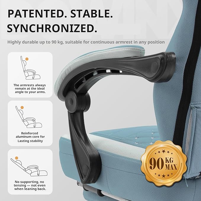 Dowinx Gaming Chair Breathable Fabric Game Chair with Gel Pad and Storage Bag Comfortable Gamer Chair with Pocket Spring CushionErgonomic Computer Chair with FootrestBlue