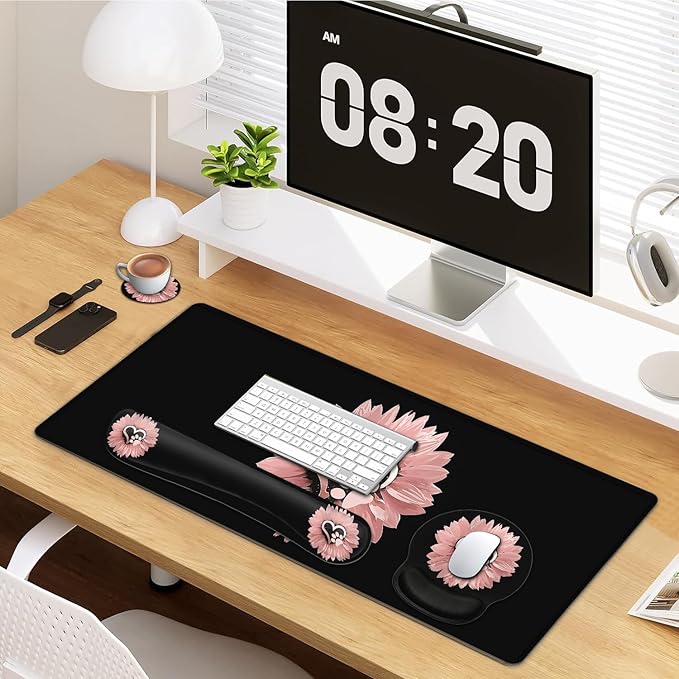 Large Mouse Pad Ergonomic Mouse Pad with Wrist Rest and Keyboard Wrist Rest 4 in 1 Set 31.5 x11.8 inch Extended Desk Pad for Home Office Cute Pink Sunflower Pattern XXL Black Gaming Mouse Mat