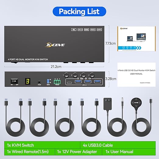 HDMI KVM Switch 2 Monitors 4 Computers 4K@60Hz EDID SimulationDual Monitor KVM Switch with 4 USB 3.0 Ports for USB PeripheralsAudioRS232with Wired Remote12V Power and 4 USB Cables