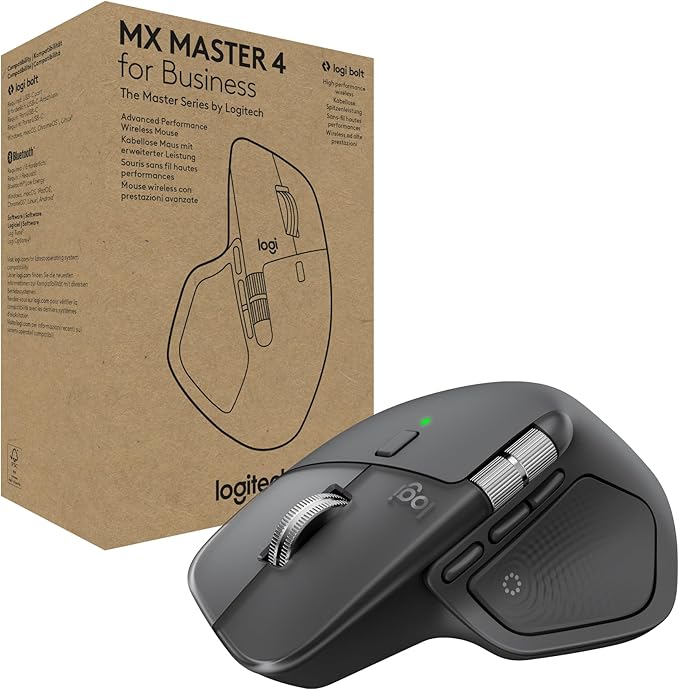 Logitech MX Master 4 for Business Wireless Mouse with Quiet Clicks 8K DPI MagSpeed Scrolling Logi Bolt Receiver Bluetooth Actions Ring Haptics USB-C Charging – Graphite