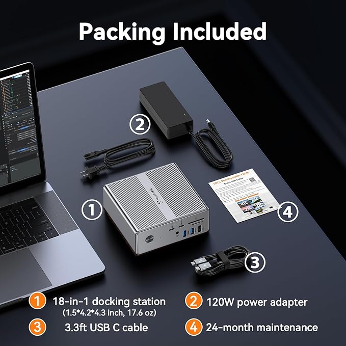 TobenONE Quad Monitor Docking Station with 4 HDMI 18-in-1 DisplayLink Docking Station with 120W Charger Dock for Thunderbolt 4/3 Laptops USB-C Windows MacBook(4 USB 2 USB-C EthernetSD/TFAudio)