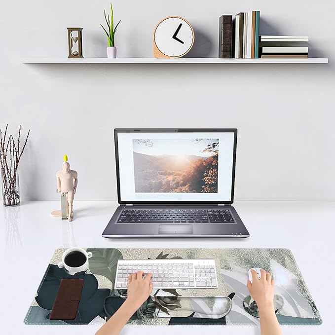 DINKY Keyboard Mouse Pad Set Large Gaming Mousepad + Memory Foam Ergonomic Keyboard Wrist Rest Support Easy Typing Pain Relief 4Pcs (35.4 x 15.7) Extended Desk Mat-Tropical Rose