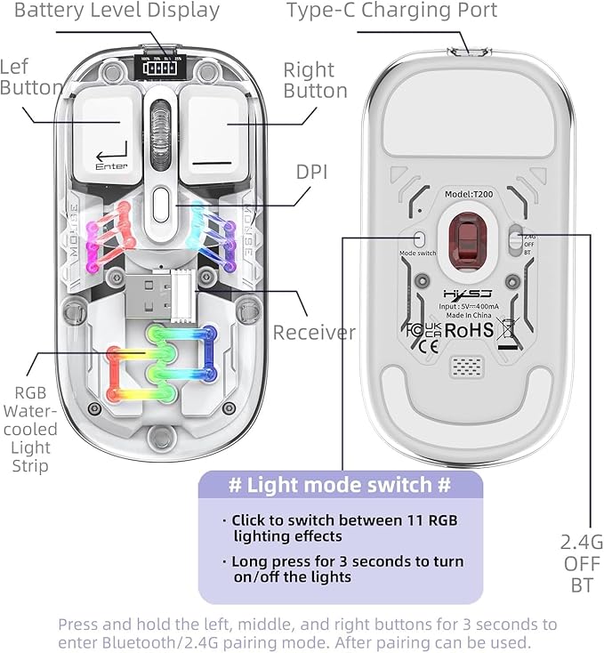 Sahara - Wireless Mouse | Transparent Shell LED Lights | Rechargable Battery | USB &amp Type C Adapter | Glacier Pro Series | Clear