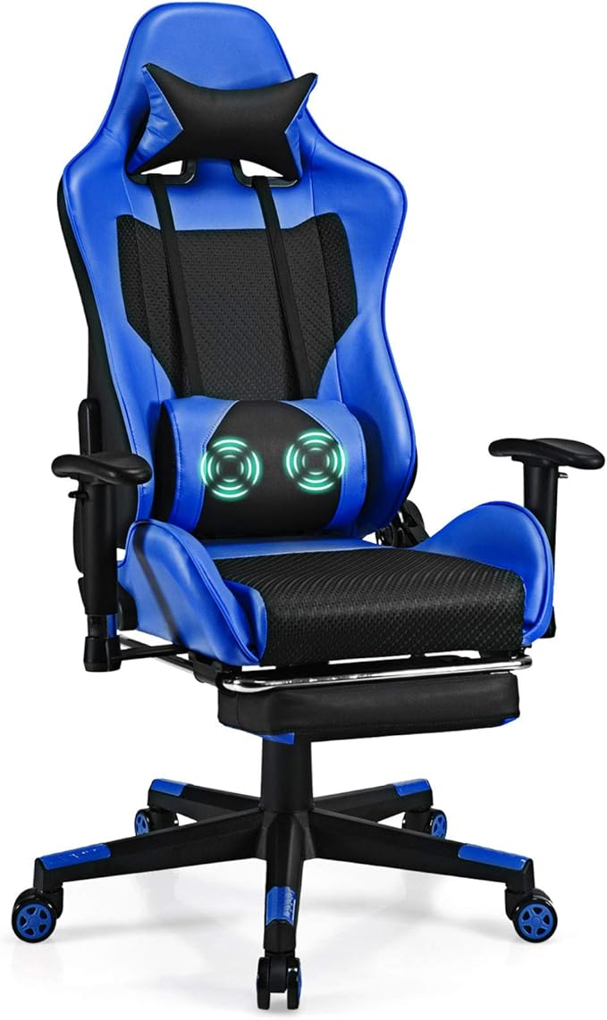 Giantex Massage Gaming Chair Ergonomic Video Game Chair with Footrest High Back E-Sport Computer Chair with Headrest &amp Massager Lumbar Support PU Leather Gaming Seat (Blue)