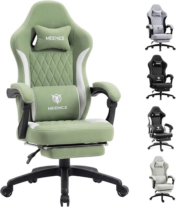 Gaming Chair Fabric with Pocket Spring Custion Ergonomic High Back Video Game Chair with Footrest Massage Lumbar Support Height Adjustable Comfy Computer Chair for Adults Game Green