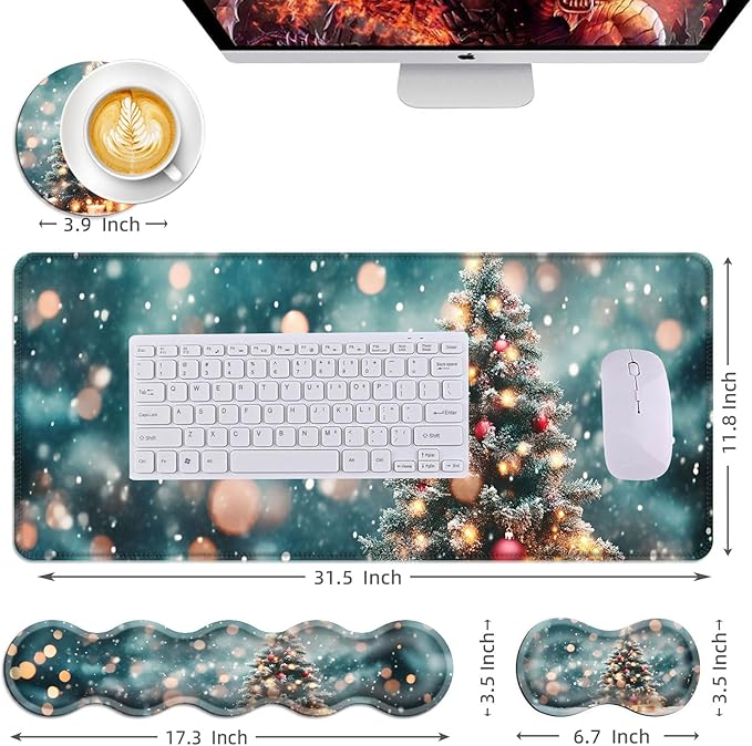 Mouse PadLarge Desk Mat Set 4in1 XL Mousepad + Keyboard Wrist Rest+Mouse Wrist Rest+Coaster with Ergonomic Desk Pad for Home Office Table Computer Cover -Snowy Christmas Tree with Lights