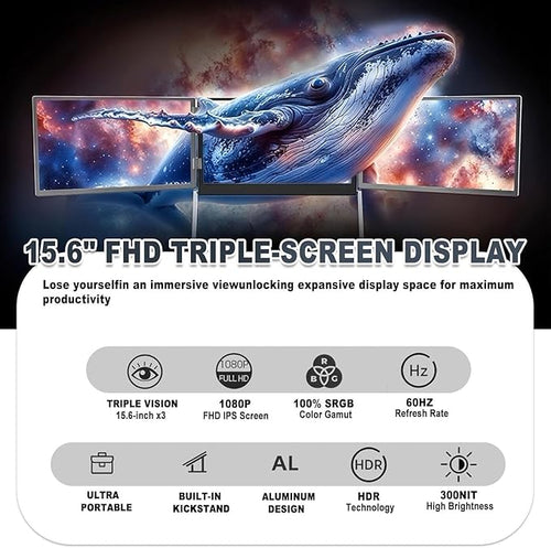 15.6 Laptop Screen Extender Monitor Portable Tri-Fold Monitor for Laptop 15.6 Inch FHD 1080P Triple Display with Type-C &amp HDMI &amp USB-C 360° Adjustable for Mac/Windows/Linux