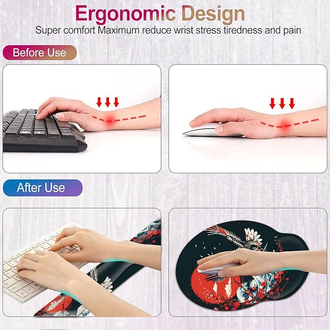 Keyboard Wrist Rest and Mouse Wrist Rest Pad with Coffee Coaster Non Slip PU Base Wrist Support with Ergonomic Raised Memory Foam for Easy Typing &amp Pain ReliefOcean Wave Cherry Blossom Eagle