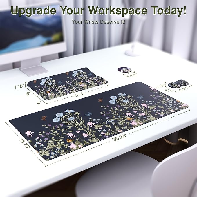 Ospelelf Keyboard Wrist Rest Stand Pad and Ergonomic Mouse Pad Set with Large Mousepad Memory Foam Comfort Premium Office Desk Accessories for Pain Relief Moonlit Blossoms