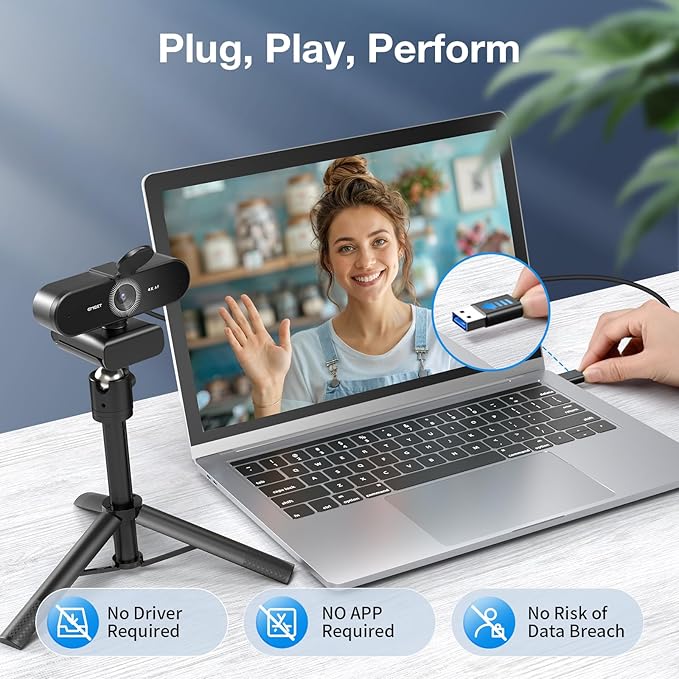 EMEET NOVA 4K Webcam with Tripod - 4K UHD PDAF Autofocus Adjustable Heights with 360° Swivel Head 2 Noise-Cancelling Mics USB Plug&ampPlay Privacy Cover Ideal for Online Meetings&ampLive Strea