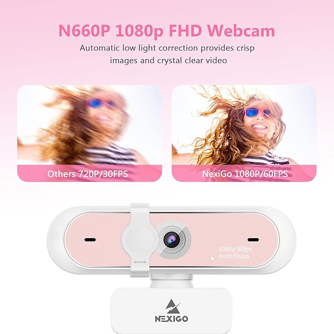 NexiGo N660P 1080P 60FPS Webcam with Software Control Dual Microphone &amp Cover Autofocus HD USB Computer Web Camera for OBS/Zoom/Skype/FaceTime/Teams/Twitch Pink