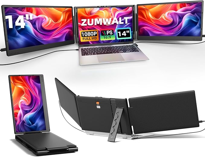 ZUMWALT Laptop Screen Extender 14 Triple Portable Monitor for Laptop 1080P FHD Screen Extender Monitors for 13-16.5 Monitor Extender for MacOS/Windows/Chrome (Built-in Speakers)