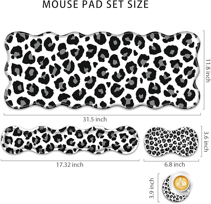 4 in 1 Desk Mat SetMouse Pad with Keyboard Wrist RestWave-Shaped DesignNon-Slip Rubber BaseWaterprooffor HomeOfficeGamingBlack and White Leopard Print