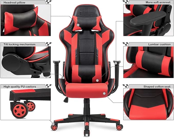 WANYE Adult Gaming Chair Gaming Chair Gaming Chair with Massage Reclining Gaming Chair High Back PC Gaming Chair Ergonomic Gaming Chair (Red) Red