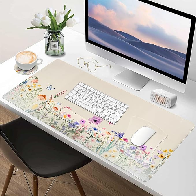 MEGREZ 4-in-1 Ergonomic Memory Foam Wrist Rest Set Desk Pad Mouse Pad with Wrist Rest Keyboard Pad Suitable for Office Workers Programmers &amp Gamers–Relieve Typing &amp Gaming Fatigue Light