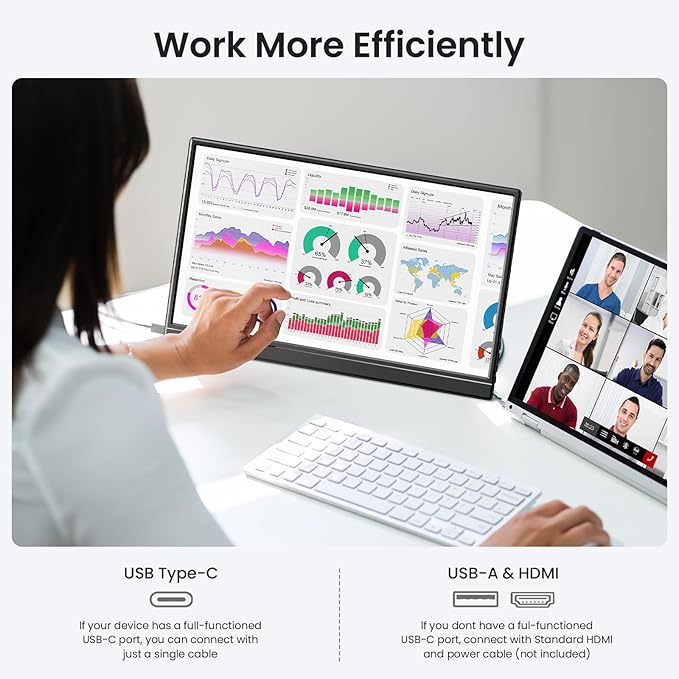 KQC Portable Monitor 15.6 1080P FHD IPS Display Ultra-Slim USB-C HDMI Travel Monitor with Kickstand Zero Bezel Screen Extender for Laptop Mac Phone PS Xbox Switch Gaming