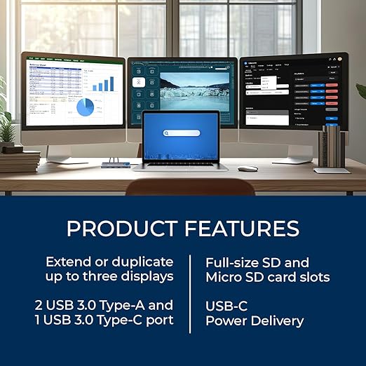 OREI SplitExtend Laptop Docking Station 3 Monitors – USB C Docking Station with 3X HDMI Ports 2X USB 3.0 Ports SD Card Reader 100W PD – Thunderbolt 4 Dock with 4K@30Hz Outputs