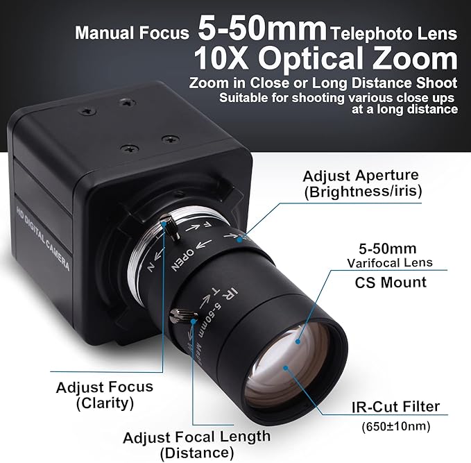 SVPRO 4K USB Camera with Zoom 5-50mm Lens 10X Optical Zoom Manual Focus Webcam High Definition 3840x2160@30fps Adjustable Focal Length Camera with Sony IMX317 Sensor for PC Laptop Pi