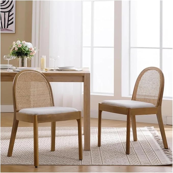 Adjustable Office Computer Chair with Armrest 1pcs Linen Fabric Rattan Backrest Dining Chair Solid Wooden Legs Use for Living Room