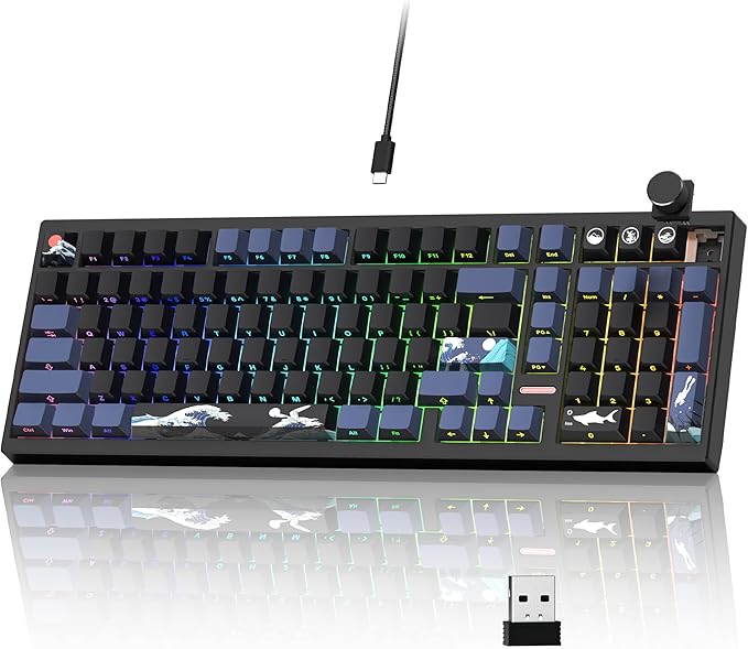 Womier Wireless Gaming Keyboard Mechanical Keyboard 98% Creamy Keyboard RGB Backlit with Number Pad and Volume Knob BT5.0/2.4GHz/USB-C Mode Hot Swappable Custom Keyboard with Linear Switches