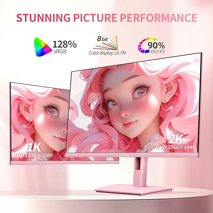 27 Inch Pastel Pink Gaming Monitor QHD 2560x1440 180/200Hz 1ms GTG Fast IPS Computer Monitor 90% DCI-P3 Adaptive Sync Built in Speaker Height/Swivel/Tilt/Pivot Adjustable Stand HDMIDP