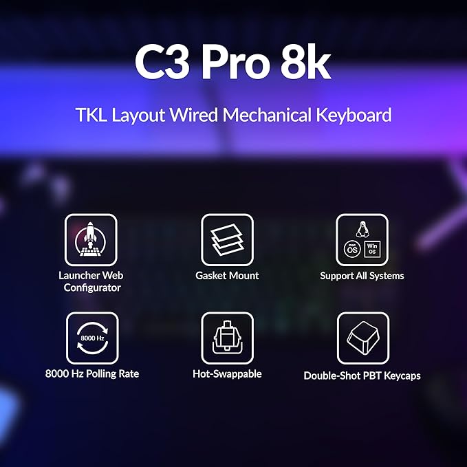 Keychron C3 Pro TKL 80% Wired Mechanical Keyboard 8K Polling Rate QMK/VIA Programmable Hot-Swappable RGB Backlit Shine-Through Keycaps Super Brown Switch for Windows/Mac