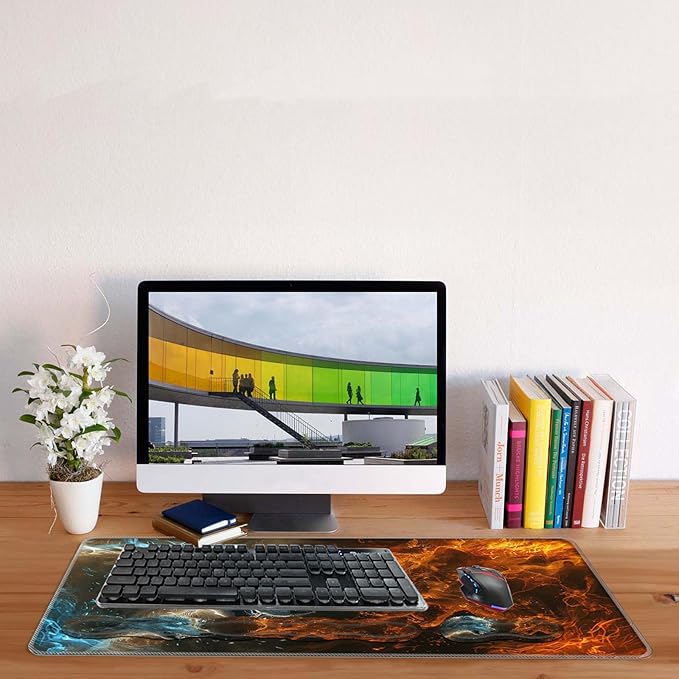 Keyboard Mouse Pad SetLarge Desk Pad+Keyboard Wrist Rest+Mouse Pad Wrist Support+CoasterEasy Typing Pain Relief Non-Slip Mousepad Wrist Support Mousepad Set Home OfficeFire with Ice Wolf