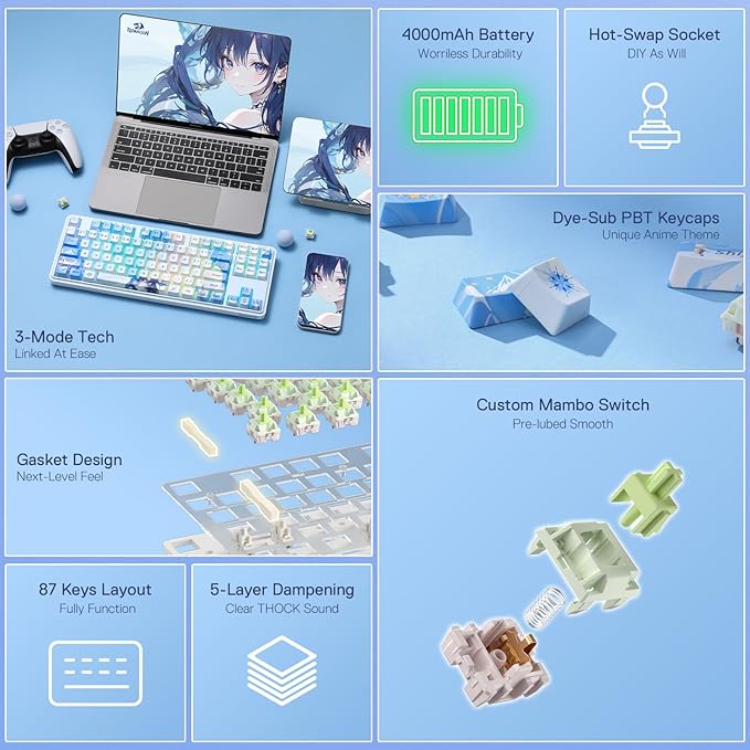 Redragon K707 PRO SE 80% Wireless Gasket RGB Gaming Keyboard 3-Modes 87 Keys TKL Anime Mechanical Keyboard w/Hot-Swap Socket Dye-Sub PBT Keycaps &amp 5-Layer Noise Dampening Custom Linear Switch