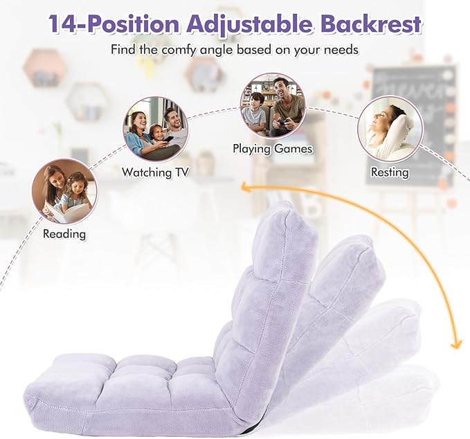 GOFLAME 14-Position Folding Floor Chair Padded Gaming Lazy Sofa Chair with Adjustable Backrest Couch Recliner Sleeper Bed Lounge Chair for Reading Gaming Meditating (Light Purple)