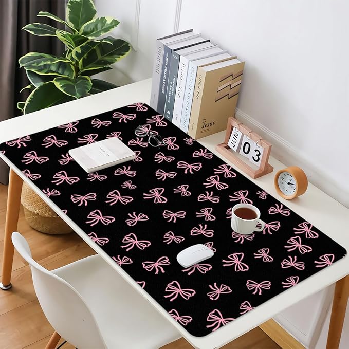 Cute Pink Bow Black Extended Gaming Keyboard Mouse Pad Non-Slip Leather Home Office Desk Mat Protector Laptop Desk Pad Writing Pad