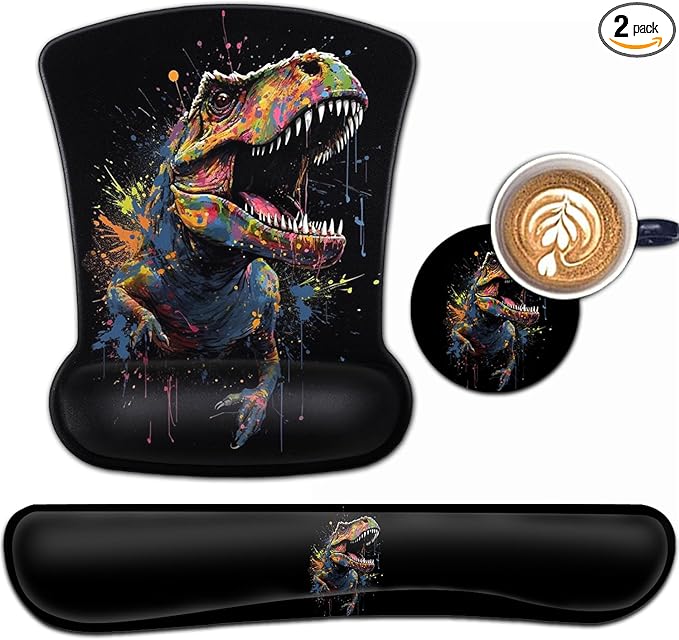 Keyboard Wrist Rest and Mouse Pad Wrist Support Set Ergonomic Gel Mouse Pad Wrist Rest with Non-Slip Base for Home Office Desk Pad Easy Typing Cool Painted Dinosaur Black Gaming Mouse Mat
