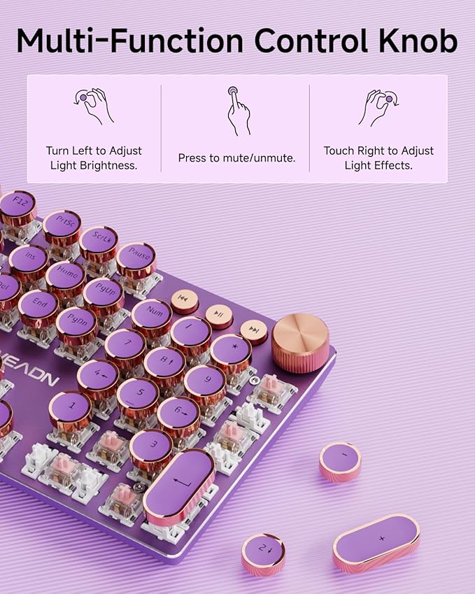 EWEADN Typewriter Style Mechanical Keyboard Wired Typewriter Keyboards104 Keys Backlit LED Metal Keyboards Media Control Knob Wired Computer Keyboard Pink Switch for Windows/Mac/PC-Purple