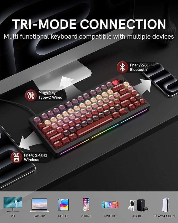 MT75 Lipstick Wireless Mechanical Keyboard 75% Layout Hot Swap Gasket Custom Structure Creamy Pre-lubed Switches Gaming Keyboard with MOA Jelly Keycaps RGB Backlit BT5.0/2.4G/USB-C Mode