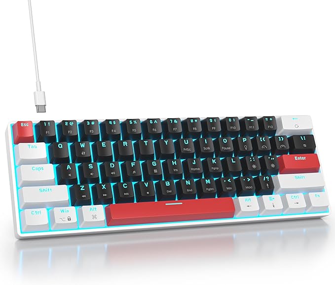 Portable 60% Mechanical Gaming Keyboard 60 Percent Red Switch LED Backlit 61 Keys Mini Black &amp White USB Wired Office Keyboard for Windows Mac Laptop PC