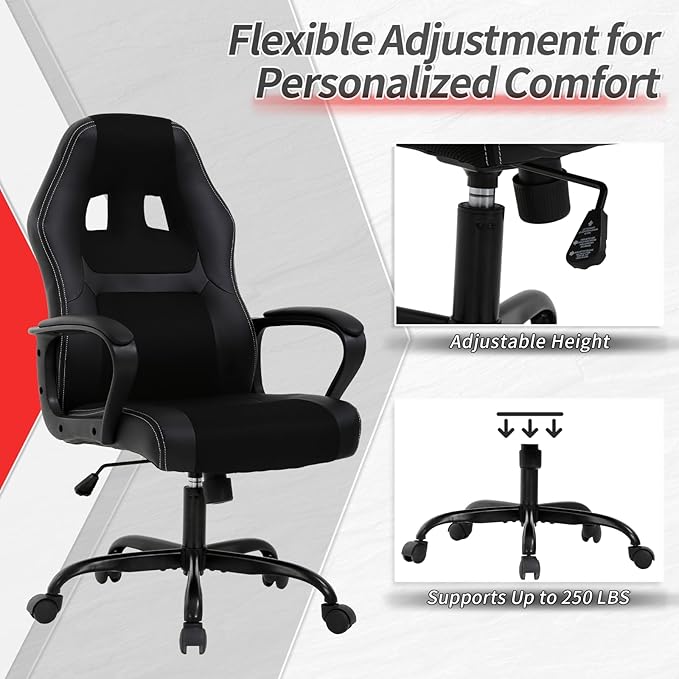 Office Chair Ergonomic Gaming Chair High Back Computer Desk Chair with Lumbar Support Adjustable PU Leather Gamer Chair Comfortable Racing Style for Adults Teens Kids (Classic Version Black)