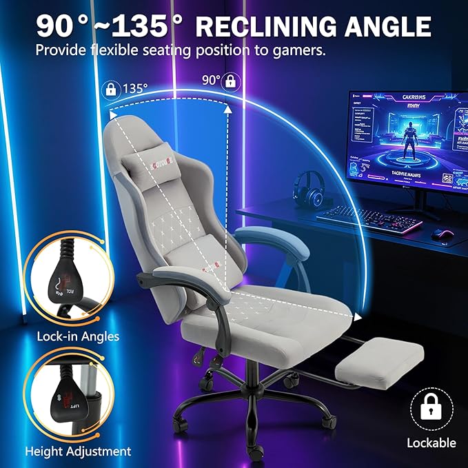 ECOTOUGE Fabric Gaming Chair Video Game Chair with Footrest and Lumbar Support Adjustable Height Home Desk Office Chair Ergonomic Comfort Gamer Chair with High Back Gray