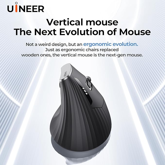 Uineer Wireless Ergonomic Mouse Bluetooth Mice (BT4.0/5.0 and 2.4G) Rechargeable Vertical Mouse 3 Multi-Device Connectivity for Computer/PC/Mac/Laptop Quiet Clicks for Office Gaming Home Black