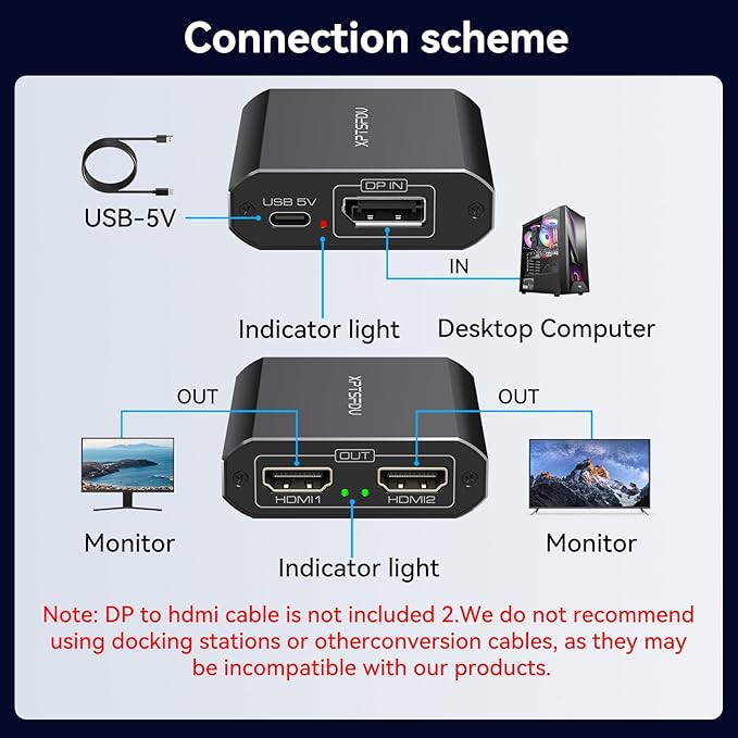 DisplayPort to HDMI Splitter 4K60Hz DP to Dual HDMI Splitter 1 in 2 Out Extended Display with Power Cable Supports Extended and Mirror Mode for Windows (DP and HDMI Cable Not Included)