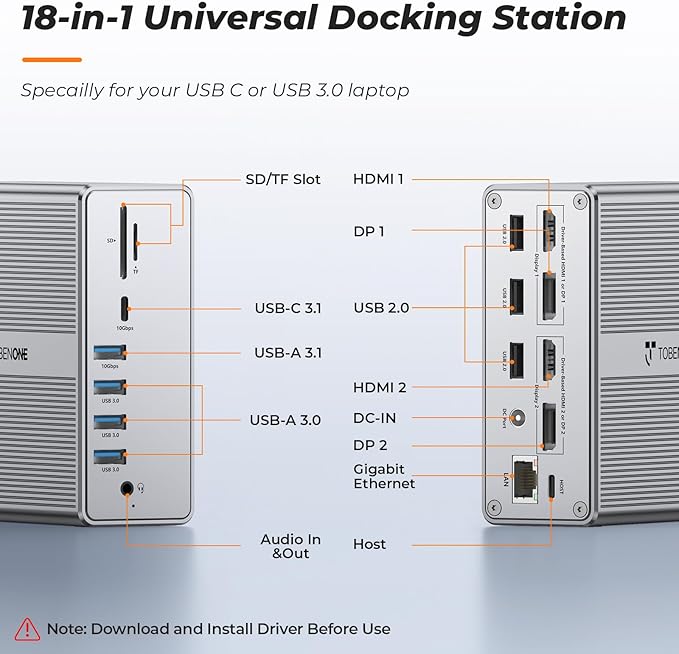 DisplayLink Docking Station Dual Monitor 4K@60HZ for MacBook Windows TobenONE Universal Mac mini M4 Dock with 2 HDMI &amp 2 DP 65W Power Delivery 7 USB USB-C 3.1 Ethernet SD/TF