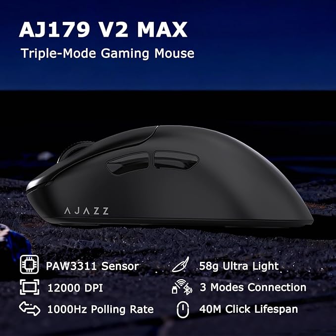 AJ179 V2 Wireless Gaming Mouse Tri-Mode 2.4G/Bluetooth/Wired 800mAh Battery 58g Ultra-Light PAW3311 12000 DPI Right-Handed Programmable 6 Buttons - Perfect for Gaming Work &amp Travel (Black)
