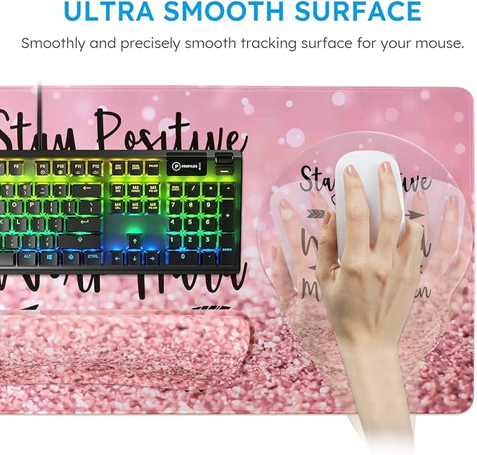 iCasso Mouse PadLarge Pink Desk Mat Set 4in1 XXL Mousepad + Keyboard Wrist Rest+Mouse Wrist Rest+Coaster with Ergonomic Desk Pad for Home Office Table Computer Cover -Pink Stay Positive